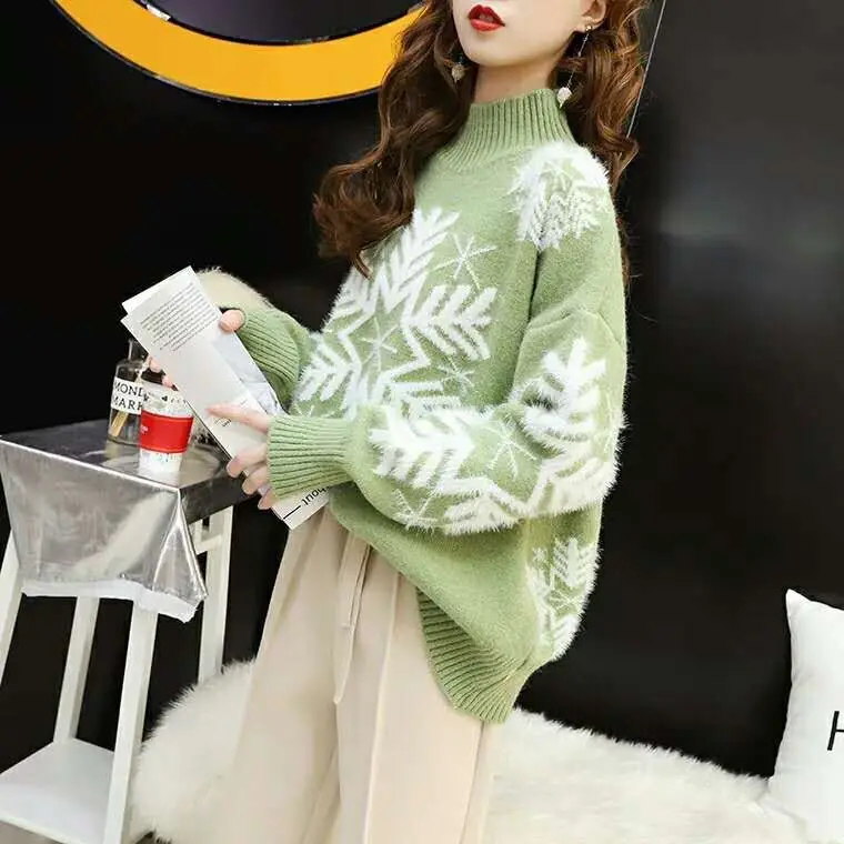 Красный Рождественский свитер с коротким высоким воротником для женщин