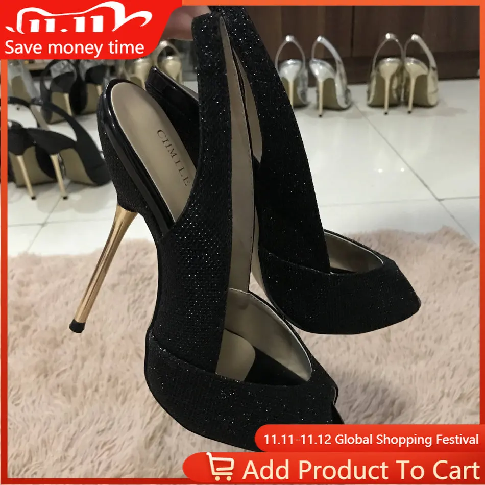 

Women Stiletto Thin Iron High Heel Sandals Sexy Sling Back Peep Toe Black Glittering Party Bridal Ball Lady Shoe 3845-g5