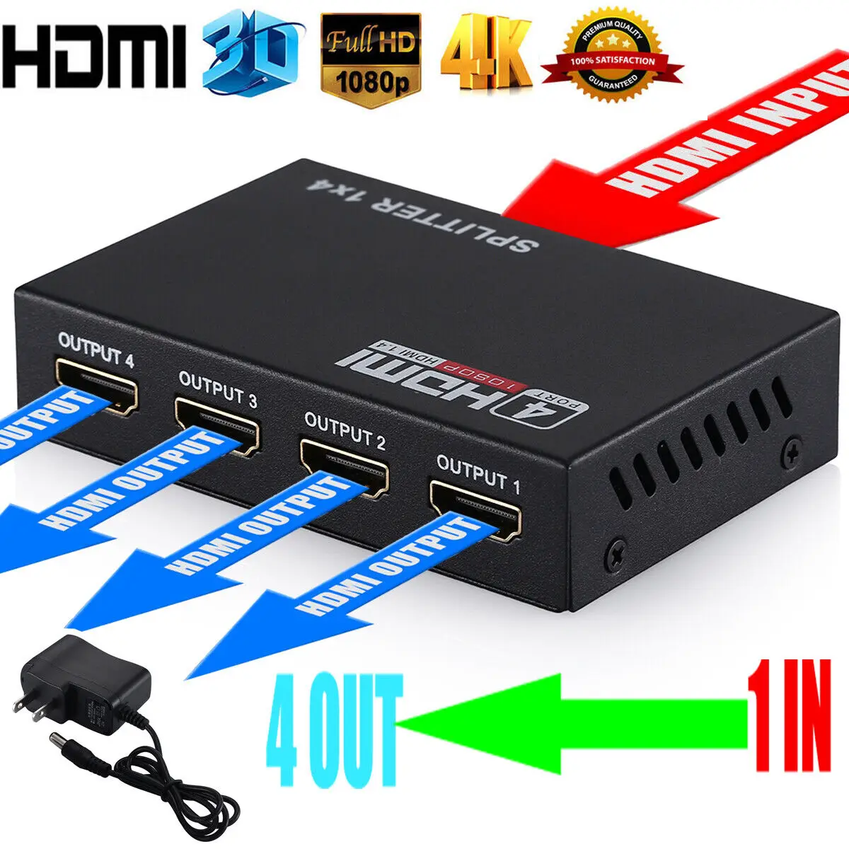 

3D 1080P HDMI-совместимый сплиттер HDCP 1 в 4 out усилитель сигнала мощности 1x4
