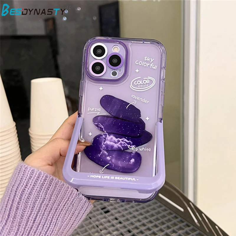 

BESD Ins Oil Painting Flowers Invisible Bracket Phone Case For IPhone 14 Plus Pro Max Purple Shockproof Cover Funda iphone 14