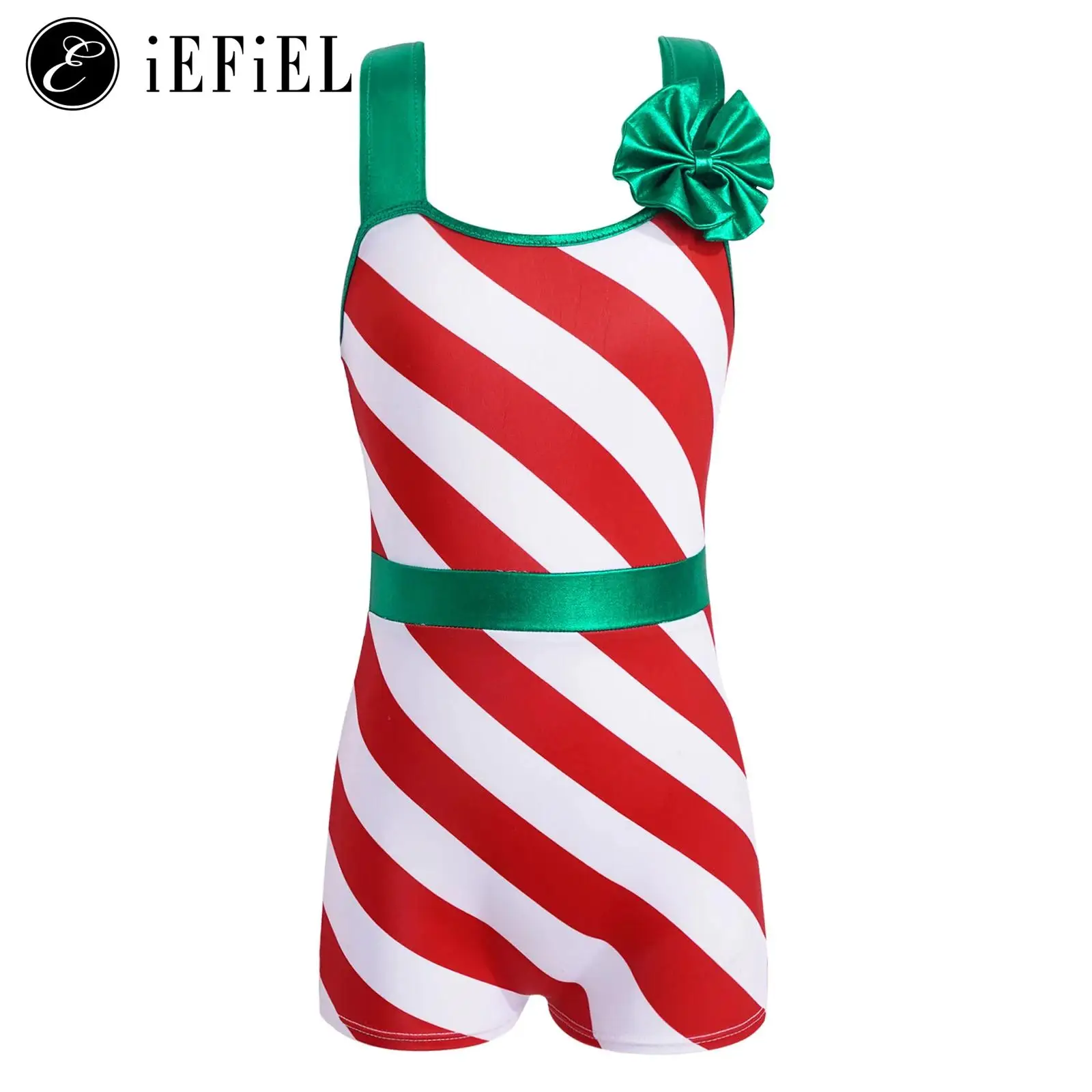 

Kids Girls Candy Cane Christmas Costume One Piece Striped Criss Cross Back Tank Unitard Jumpsuit for Xmas Dance Festive Outfit