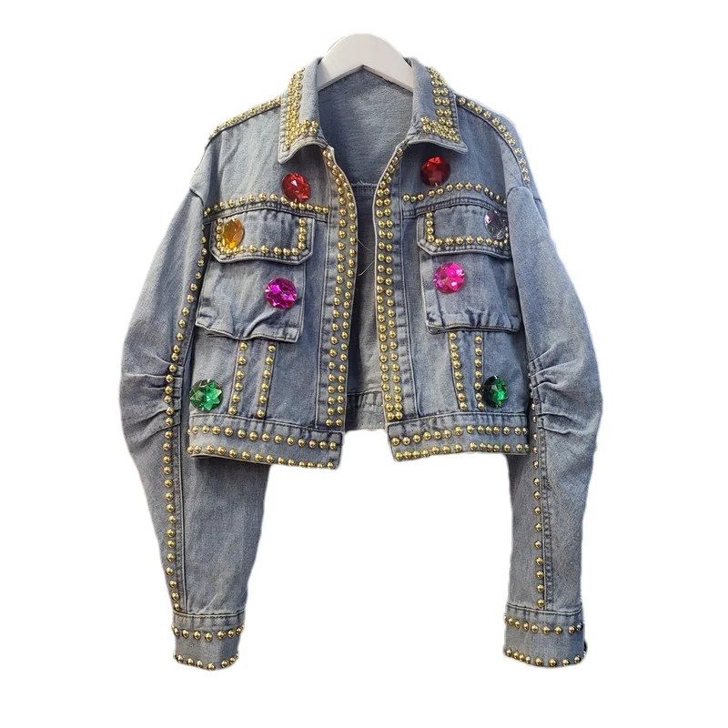 Тяжелая рабочая джинсовая куртка с заклепками и бриллиантами женская