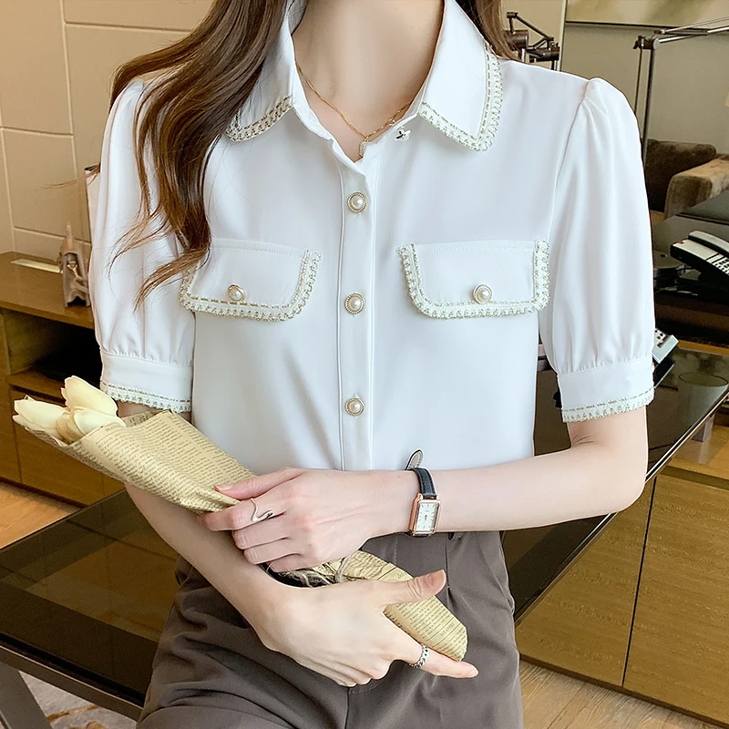 

Summer new small fragrance shirt female design sense minority light mature Shirt Short Sleeve foreign style top 008e, 605-10