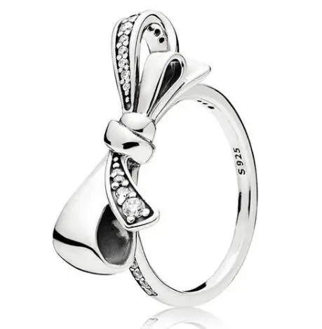 

Authentic 925 Sterling Silver pan Ring Brilliant Bow With Crystal Rings For Women Wedding Party Gift Fine Jewelry
