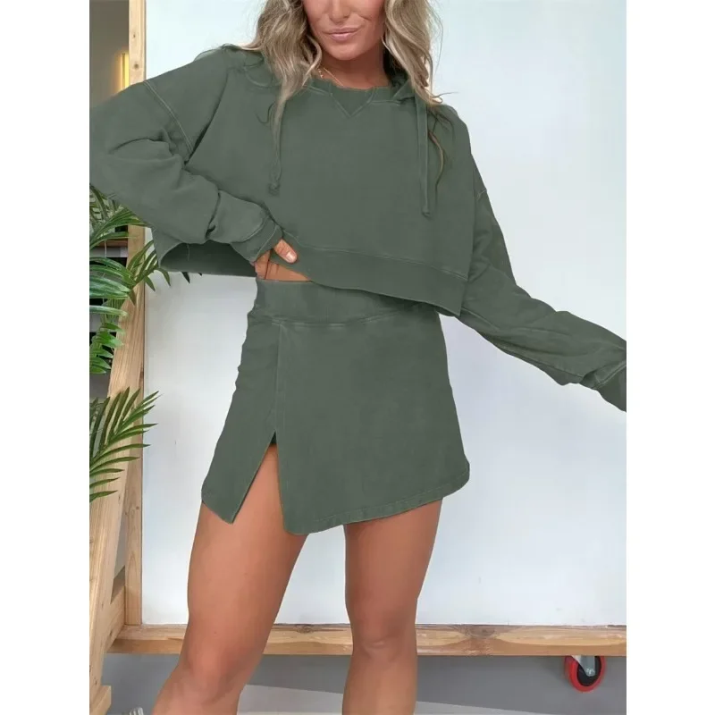 Элегантный шикарный модный свитшот с капюшоном и длинными рукавами юбка костюм