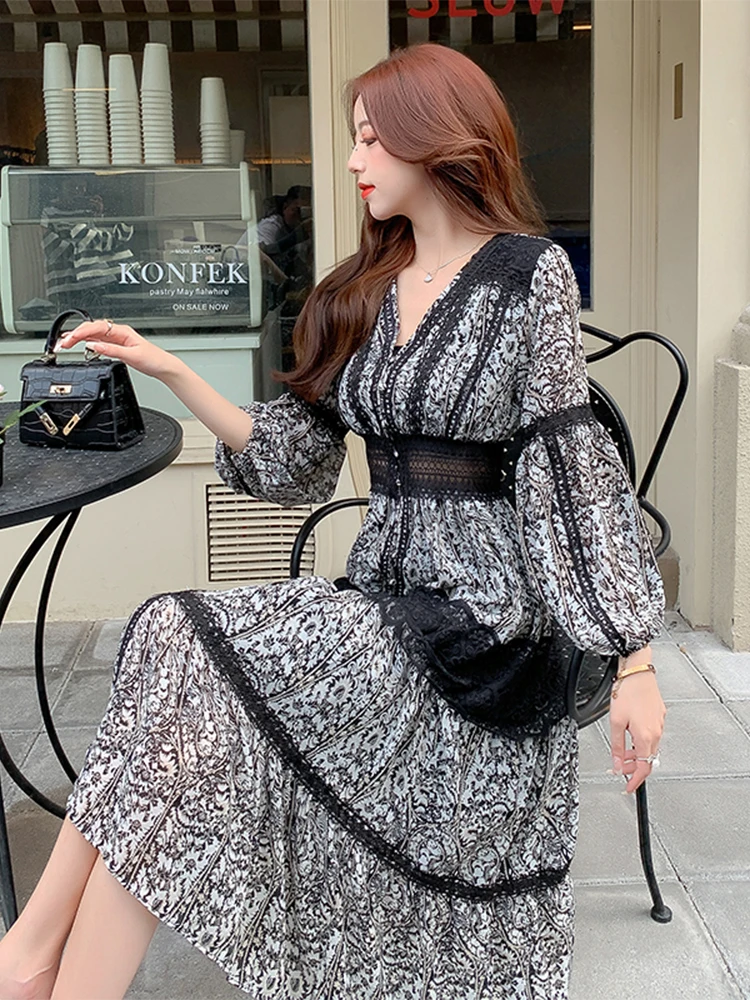 

French Retro Chiffon Floral V-Neck Summer Dresses Women 2022 Lace Spliced Waist Thin Long Dress Parti Women'S Clothing