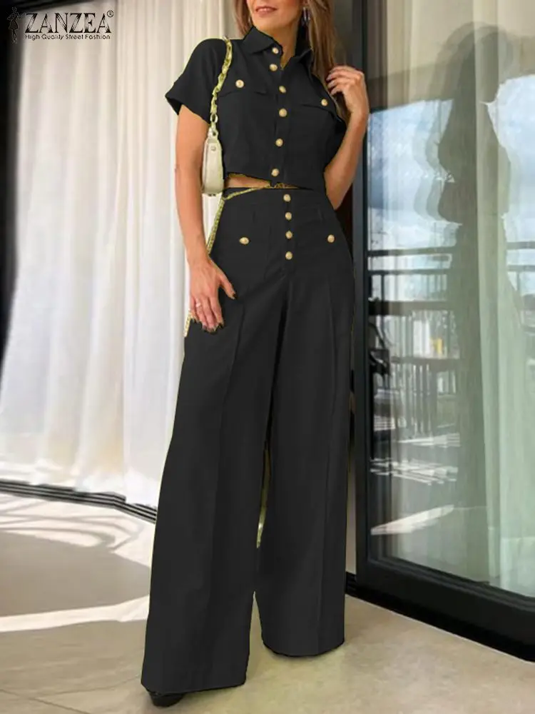 

ZANZEA Fashion OL Urban Tracksuit 2pcs Cropped Tops Loose Trousers Woman Vintage Matching Sets Elegant Work Outifits Oversized
