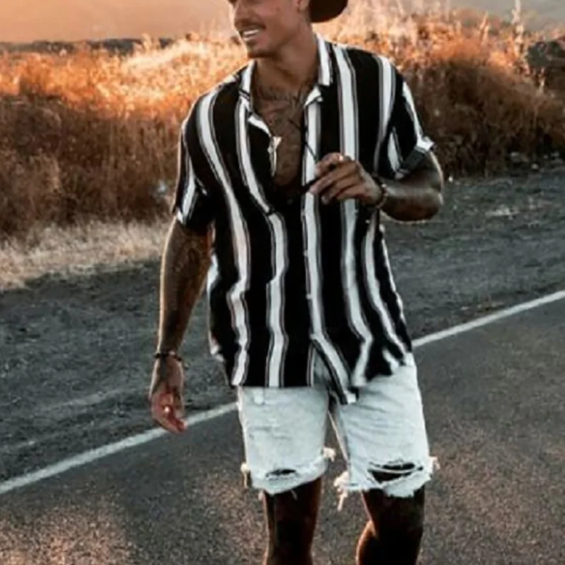 

Men's Shirts 2022 Summer Retro Striped Cardigan Shirt Men's Fashion Short Sleeve Single Breasted Casual Shirts Mens Tops
