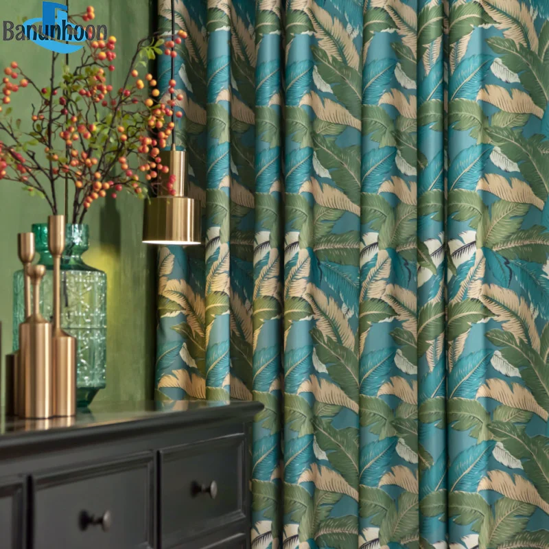 Занавески в американском пасторальном стиле с зеленой ботанией для гостиной