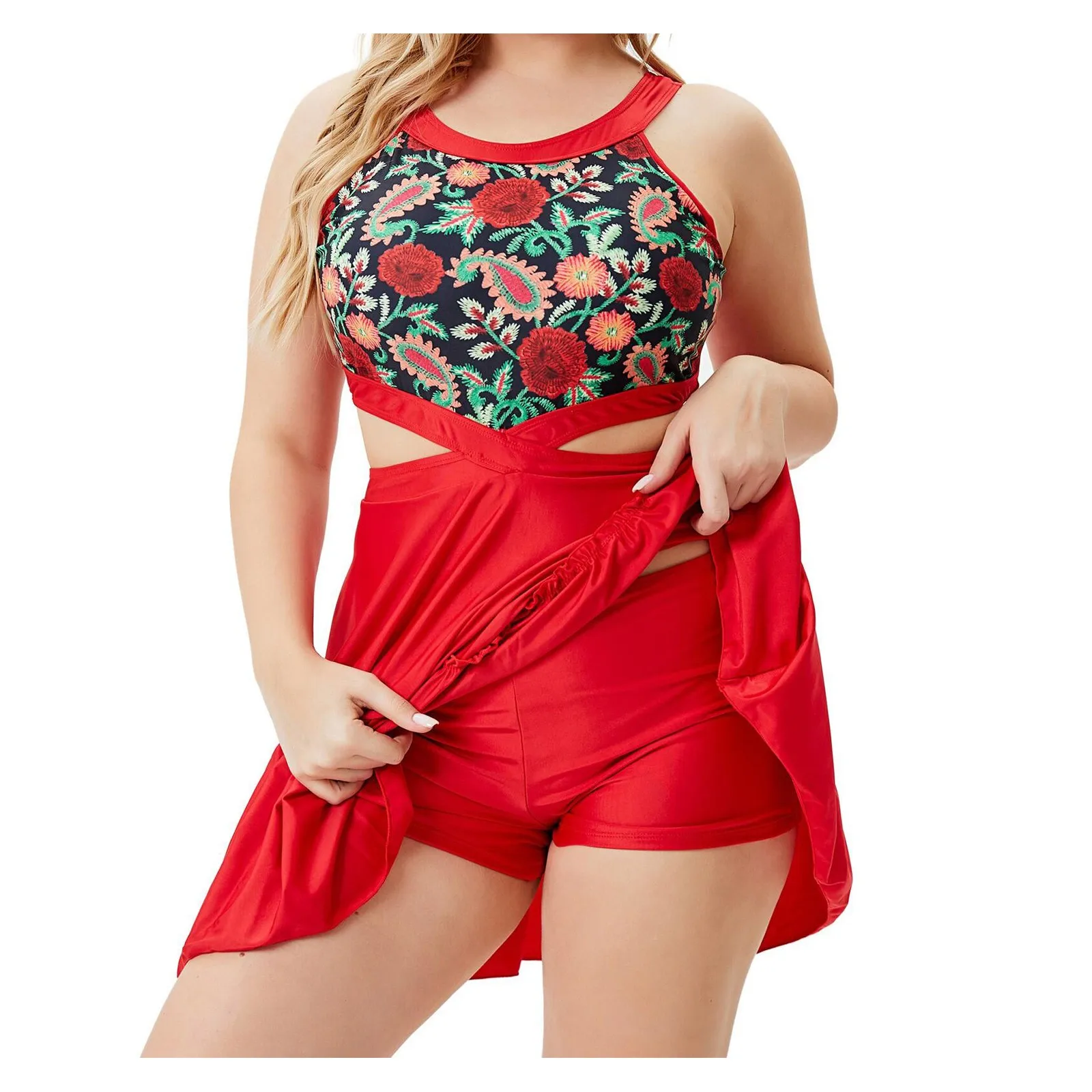 

Женский купальник с цветочным принтом, открытый купальник в этническом стиле без рукавов, ретро-юбка, Раздельный купальник, купальник с выс...