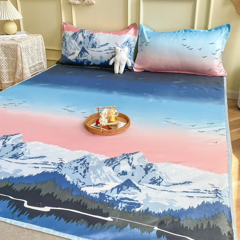 

Home Textiles Easy-to-clean Printing Foldable Summer Cool Sleeping Mat Pillowcase Ice Silk Mattress Sheets for Household Use