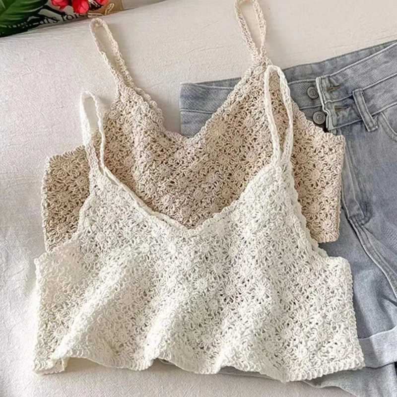 

J78E Women Vintage French Crochet Sleeveless Camisole Vintage Hollow Out Knit Floral Crop Top Sexy V-Neck Backless Beach Sling