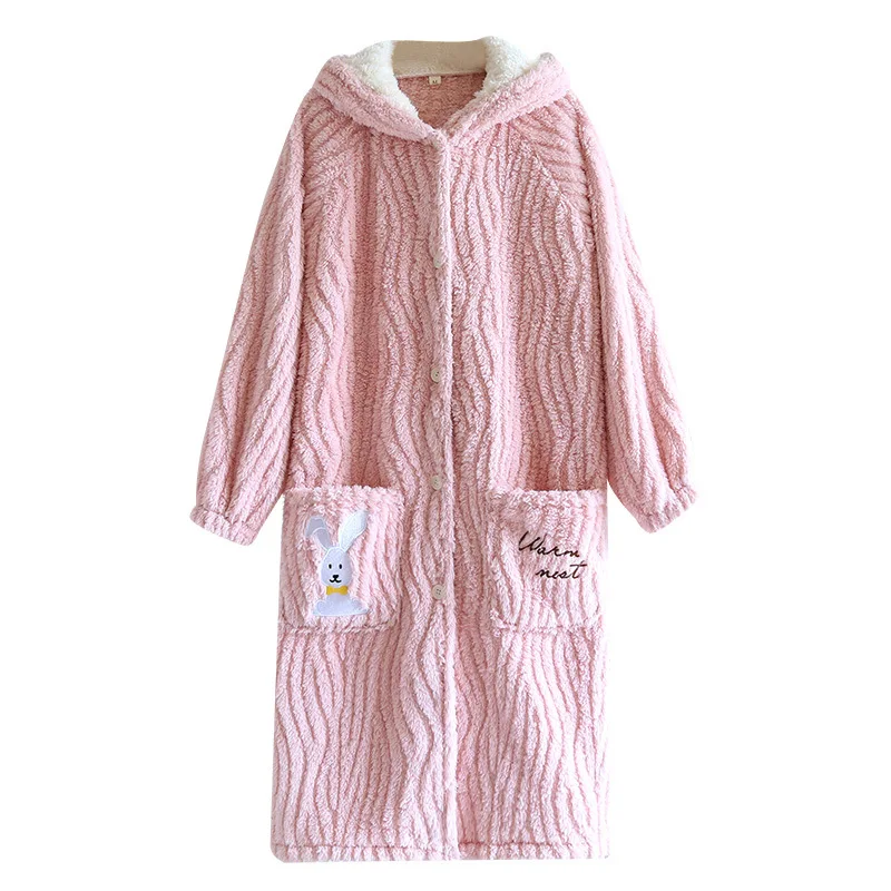 Autumn Winter Cute Pajamas Women Flannel Nightgown Thickened Coral Velvet Korean Pajamas Housewear Suit Warm Hooded Bathrobe
