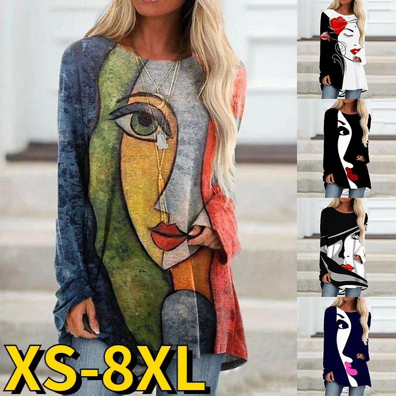 

Женский свободный пуловер с длинным рукавом, повседневный элегантный пуловер большого размера с круглым вырезом и винтажным принтом, осень 2022