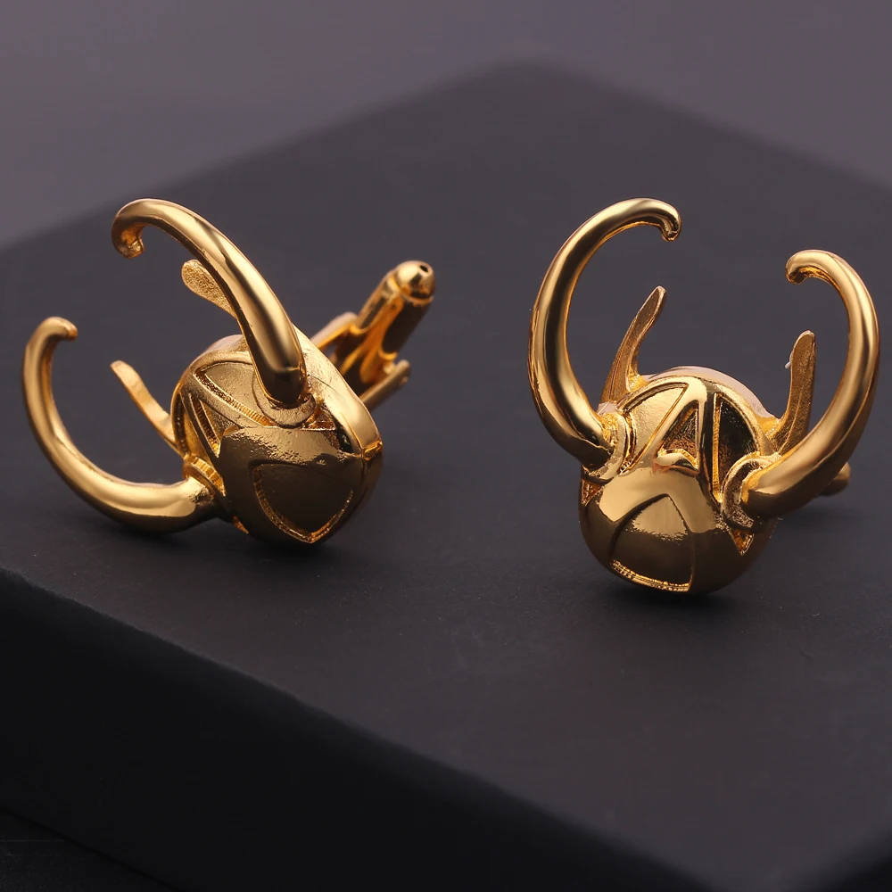 

Disney Marvel Loki Laufeyson Metal Cufflinks Supervillain Gold Color Helmet Cufflinks for Men Charms Jewelry Accessories Gift