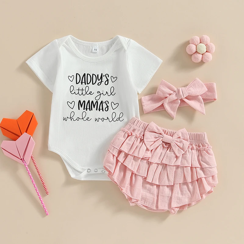 

0-18M Summer Baby Girl Clothes Sets Infant Newborn Short Sleeve Romper Tops Short Pants with Headband 3Pcs Solid Children Outfit