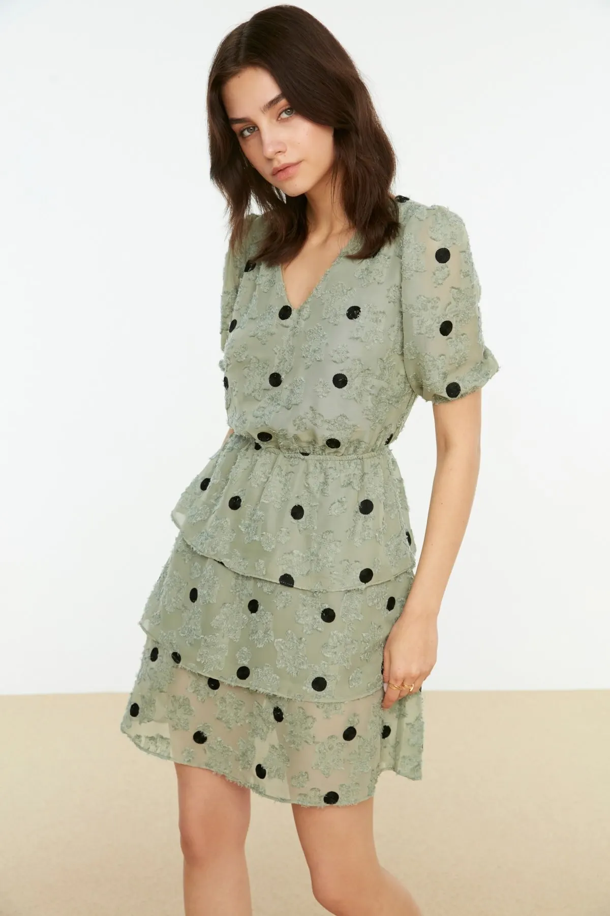 

Women's Dress Mint Polka Dot Fabric Detailed Elegant Fashion Casual Casual Comfortable Short Sleeve Summer Boho Beach Dress