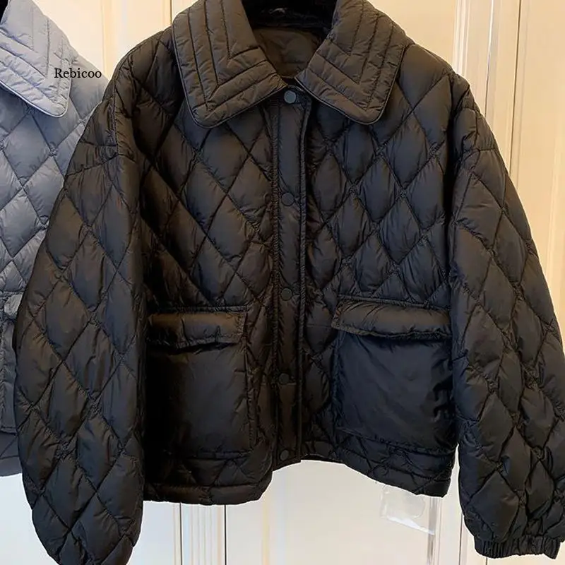 

Lapel Diamond Lattice Stitching Pocket Button Cotton Liner Padded Coat Black Solid Color Light Jackets Late Autumn Women Outwear