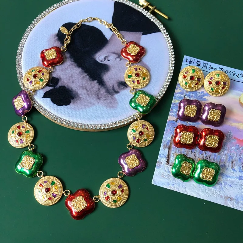 

Colorful Necklace Square Round Enamel Jewelry Elegant Pendientes For Women