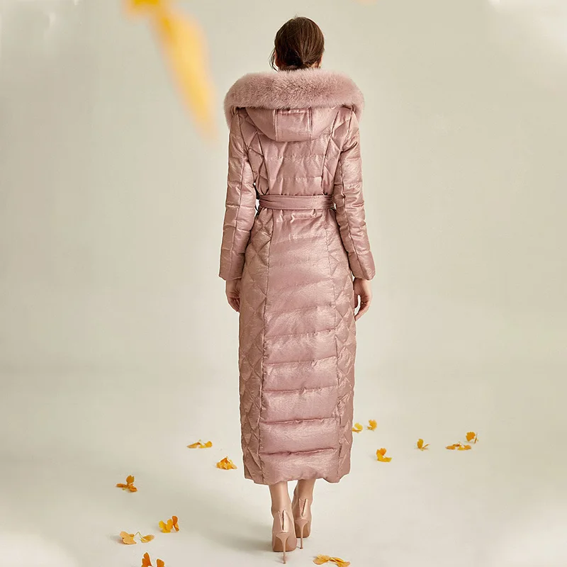 RosEvans Large Real Fur Coat New Winter Women Luxury Argyle Pearl Warm White Duck Down Jacket Puffer Fashion Female Xlong Parka