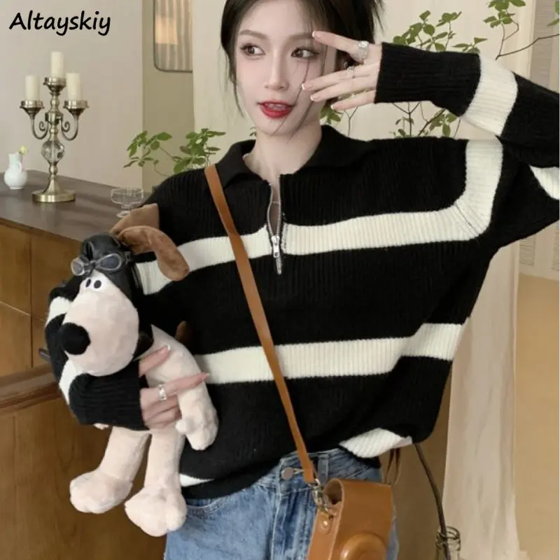 

Tender Pullovers Women Autumn Temper Striped Design Vintage Lazy Style Casual Fashion Sweet College Pull Femme Baggy All-match
