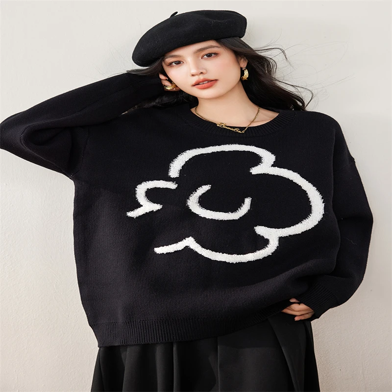 Корейский женский черно-белый лоскутный свитер с длинными рукавами и круглым