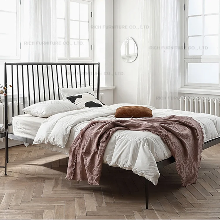 Double Simple Queen Size Bed Industrial Stainless Steel Metal Frame Bed