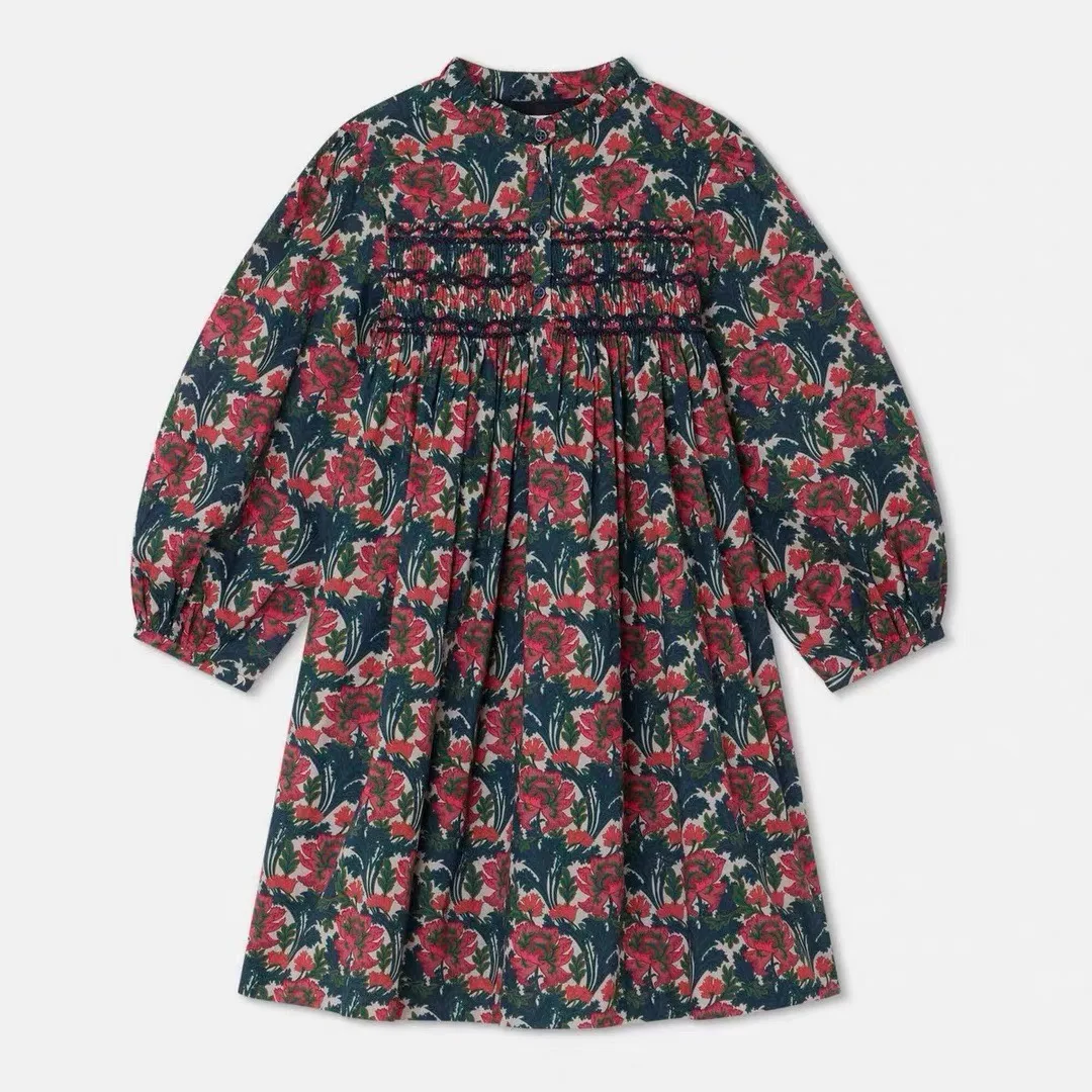 

Girls Dress BP Print Floral Smocked Roses Dresses Long Sleeve Cherry Top Shirts Children's Clothings