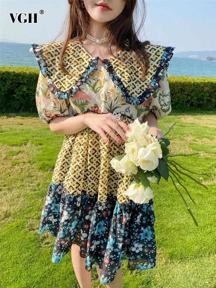 

Женское платье с коротким рукавом VGH, винтажное платье мини с принтом в виде цветных блоков, летняя одежда 2022