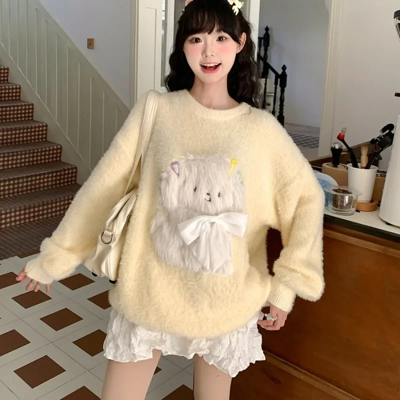 Pullovers Women Lovely Girls Korean Style Cartoon 3D Bow Chic Warm Autumn Winter Long Sleeve O-neck Loose College All-match Sute