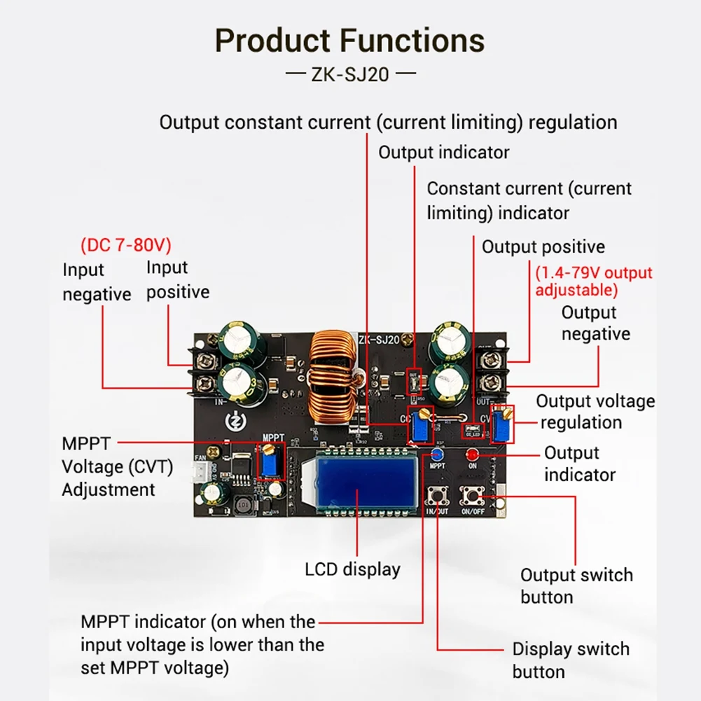 

ZK-SJ20 Automatic Step Up Down Module MPPT Buck Boost Converter Power Supply Module Adjustable Board