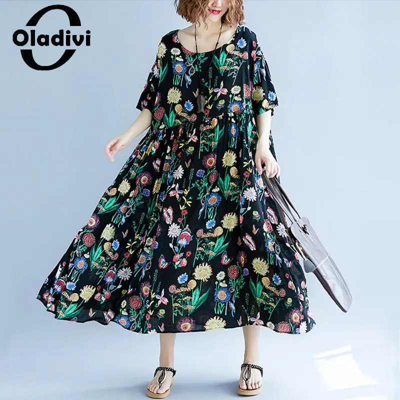 

Oladivi модное платье из хлопка и льна с цветочным принтом, женские свободные повседневные летние платья с коротким рукавом, длинное платье STK ...