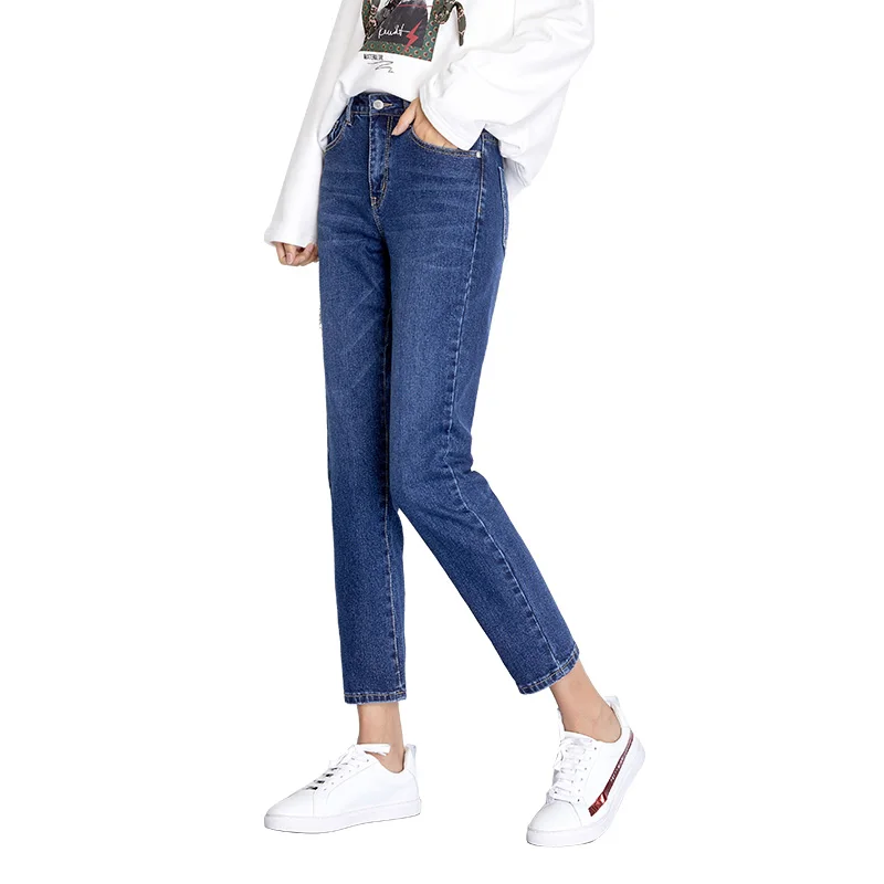 2022 Spring and Summer Stretchy Blue Color Cotton loose Denim pant Mid Waist Full Length Regular Boyfriend Jeans for Women |