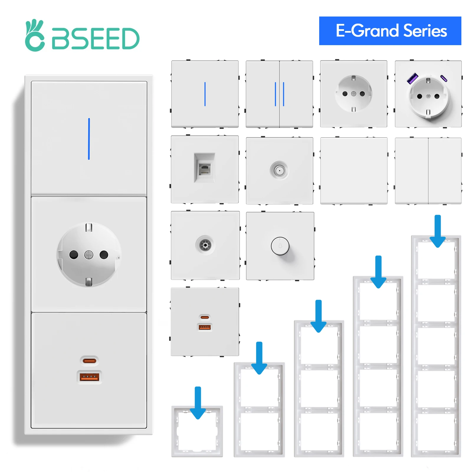 Фото Настенный кнопочный переключатель BSEED, 1/2Gang USB Type-C, настенная розетка, часть модуля, Интернет-ТВ, телефонная розетка, пластиковая рамка, функциональная деталь «сделай сам» №1