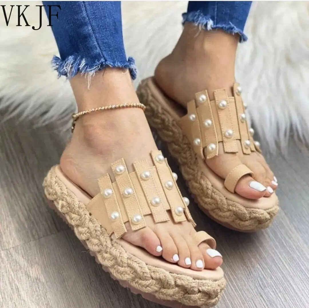 

Женские туфли с круглым носком, сандалии с жемчугом, на толстой подошве, лето 2022