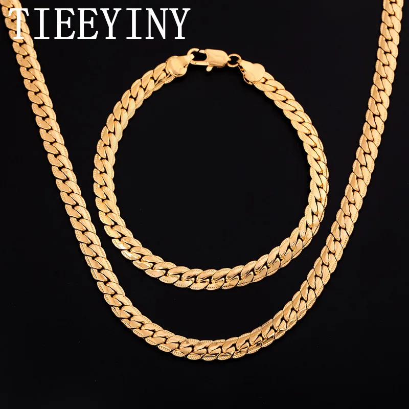 

TIEEYINY 925 Sterling Silver 18K Gold 6MM Chain Bracelets Neckalce For Women Men Fashion Party Wedding Jewelry Sets Gifts