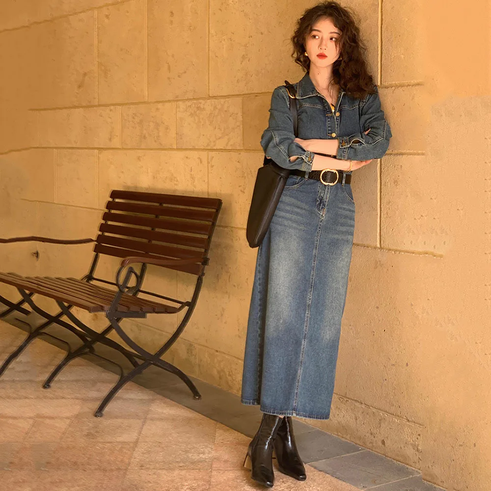 

Корейское облегающее джинсовое платье с высокой талией и поясом, универсальное повседневное джинсовое платье, женские элегантные винтажные офисные платья, женское платье