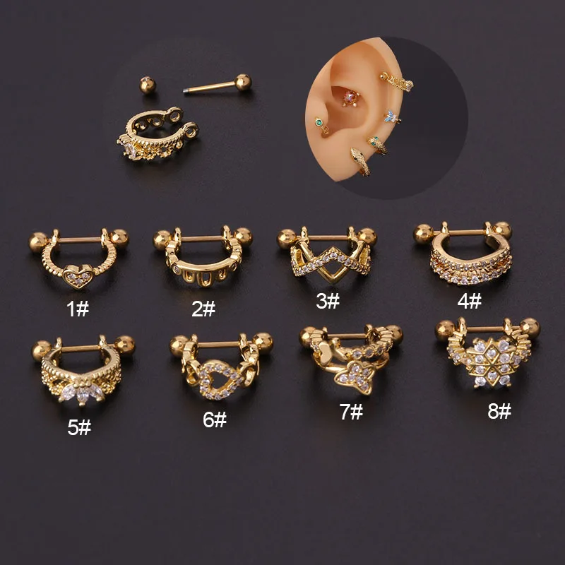

1Pcs Surgical Steel Barbell With CZ Hoop Ear Tragus Cartilage Helix Earrings Ear Studs Ear Cuff Rook Woman Lobe Piercing Jewelry
