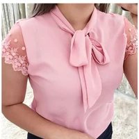 s 5xl new 2022 lace up bow tie shirt summer lace short sleeve solid chiffon casual blouse elegant office lady blusas woman tops