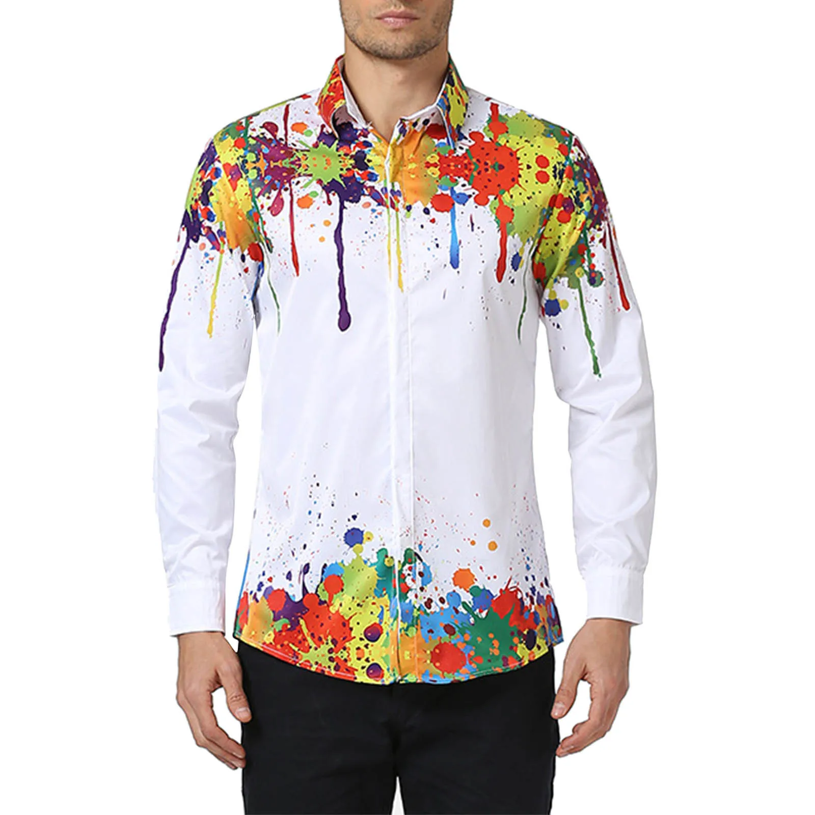 

Men's Spring Top Shirts Splash Ink Printed Top Long-Sleeved Casual Slim Turndown Collar Shirts Formal Button Top Yoga Tees Men