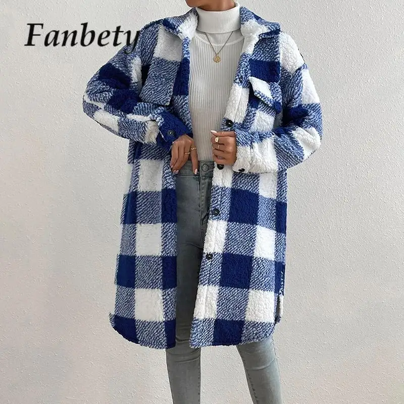 

Winter Long Sleeve Thickness Cardigan Women Plaid Patchwork Fleece Loose Midi Jacket Fashion Lapel Collar Buttoned Woolen Coat