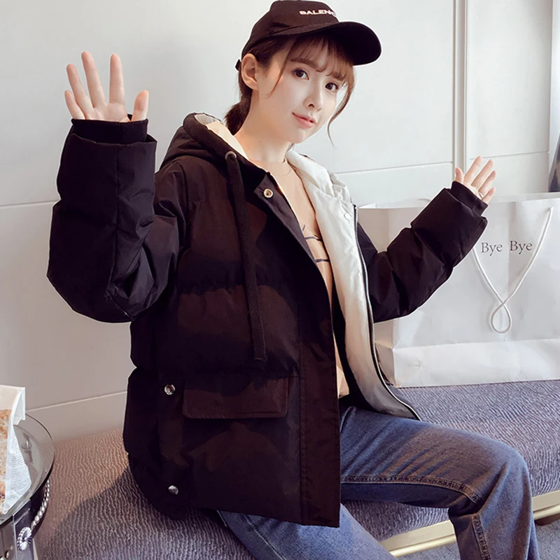 New Winter Women's Down Cotton Jacket Casual Loose Thick Warm Hooded Parkas Woman Solid Color Short Padded Cotton Coat
