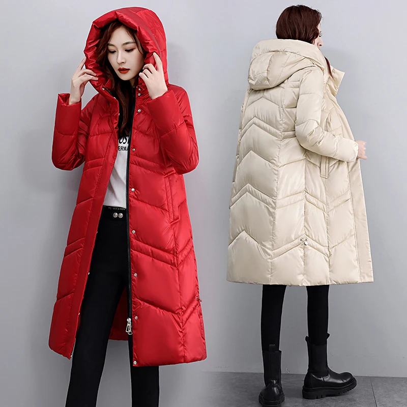 New Winter Parkas Hooded Down Cotton Women Jacket Windproof Glossy Thick Warm Cotton Padded Coat Female Long Snow Overcoat