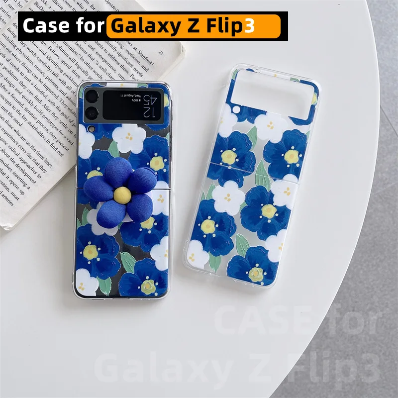 

Blue Flower Case for Samsung Galaxy Z Flip3 with Phone Holder, PC Hard Case for Girl, Cute Case