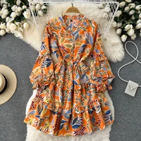 womens sweet floral long sleeve dress spring autumn casual lantern sleeve ruffle a line dress lady single breasted vestidos