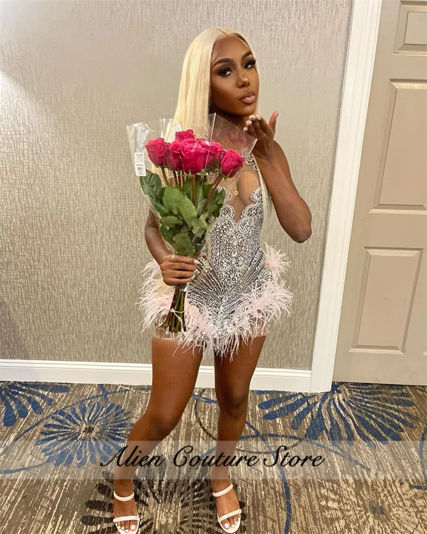 Блестящее розовое короткое платье со стразами для выпускного вечера черной