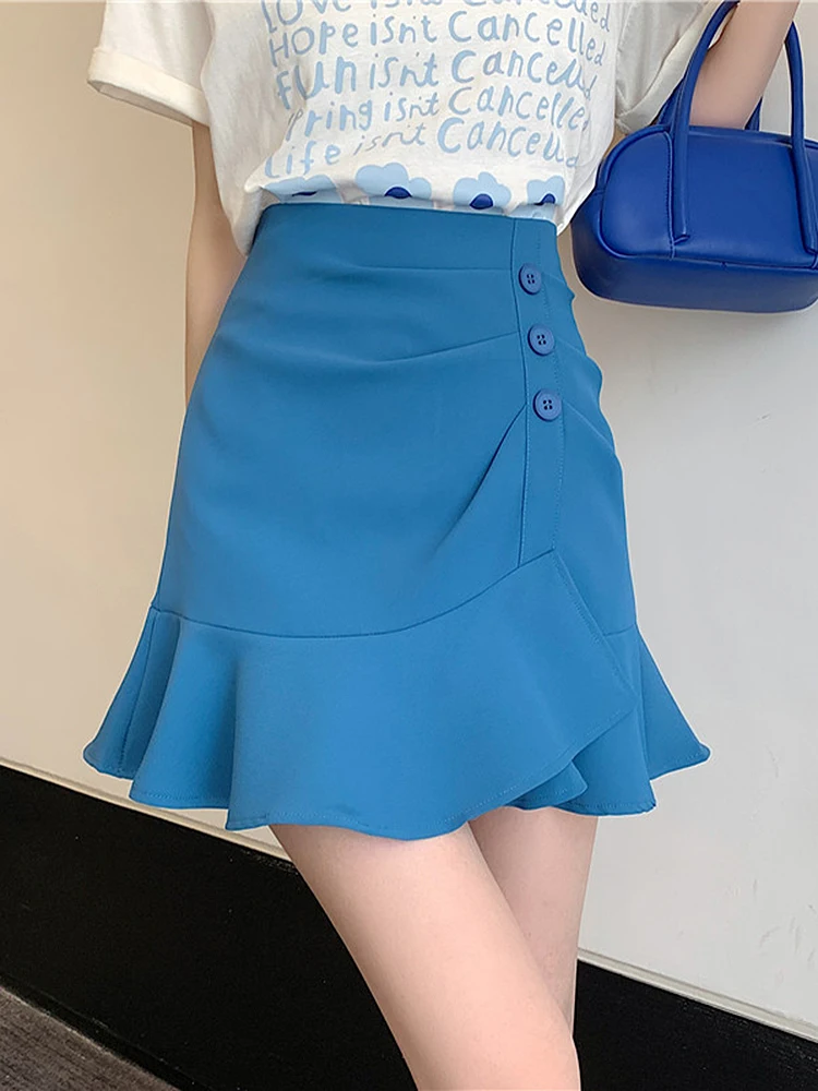 

GGRIGHT Elegant Irregular Ruffle Hem A Line Skirt Women High Waist Front Buttoned Casual Mini Skirts Saias Mulher Jupe Femme