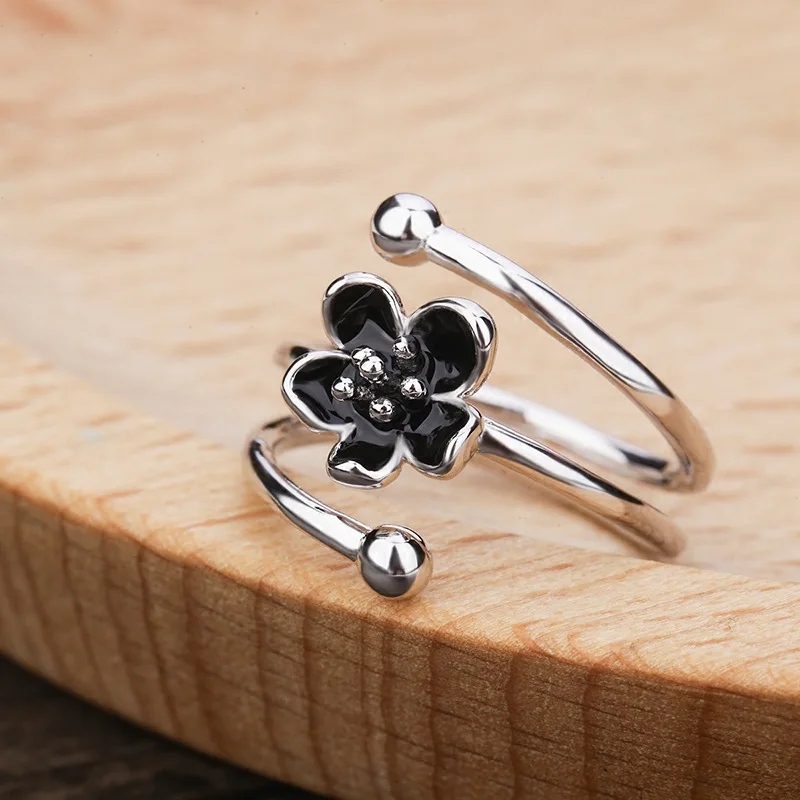 

925 Sterling Silver Black Flower Adjustable Rings For Women Fashion Charm Gift Wedding Jewelry