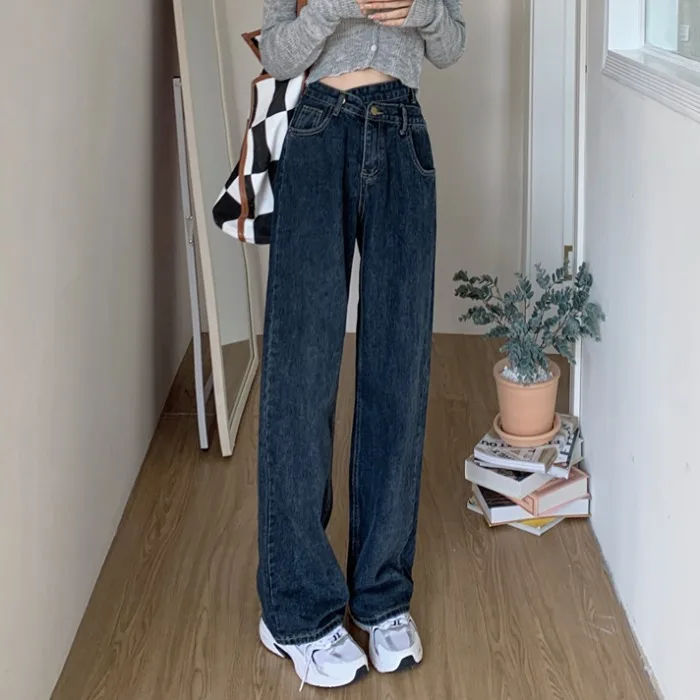 N2048  New irregular jeans women loose and versatile straight wide leg trousers jeans