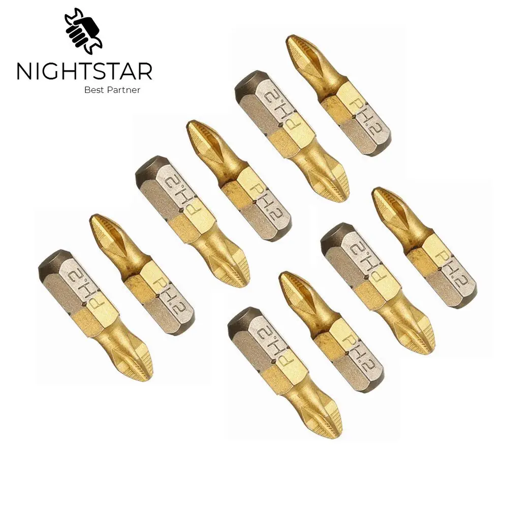 

10pcs Titanium Screwdriver Bit Coated PH2 Screwdriver Head Anti Slip 1/4 Hex Shank Drill Bit 25mm for Power Tools Accessories